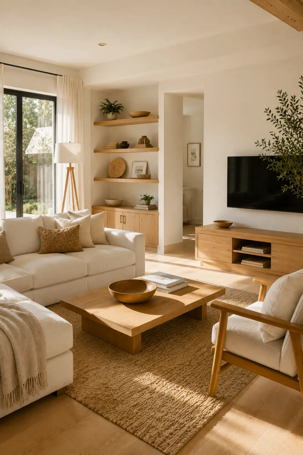 warm white natural wood living room color palette