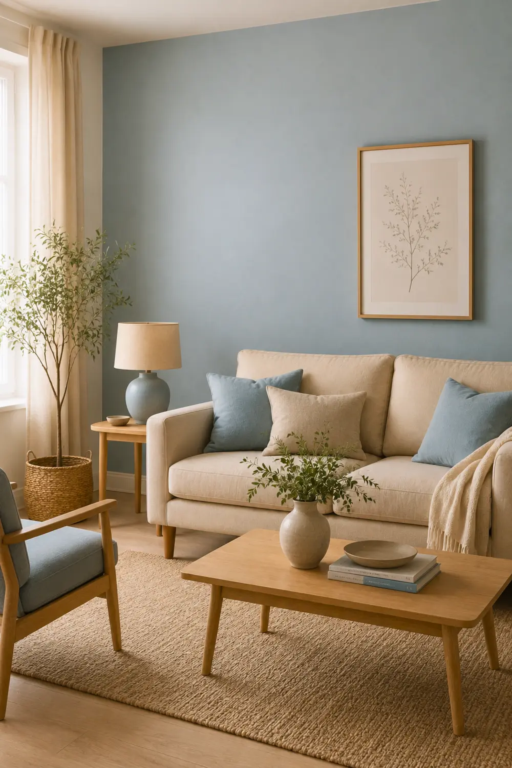 dusty blue beige living room color palette