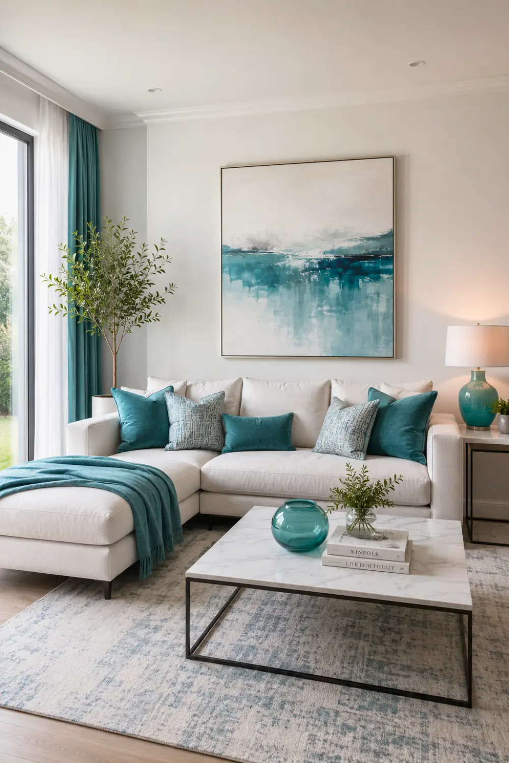 teal white modern living room color palette