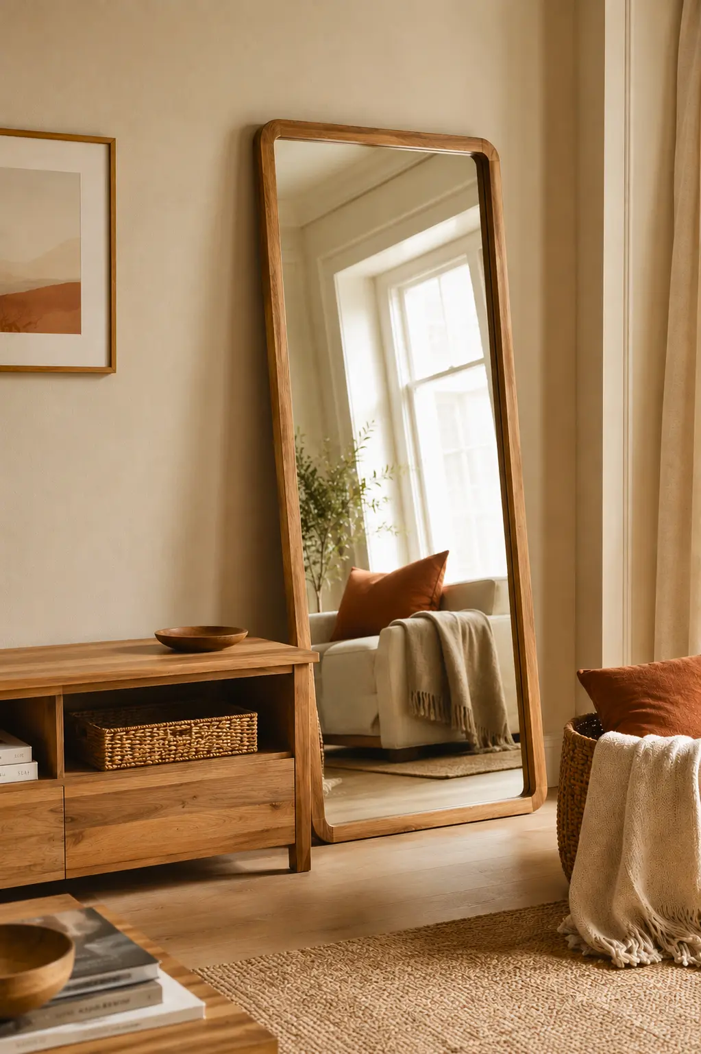 leaning mirror nail free wall decor