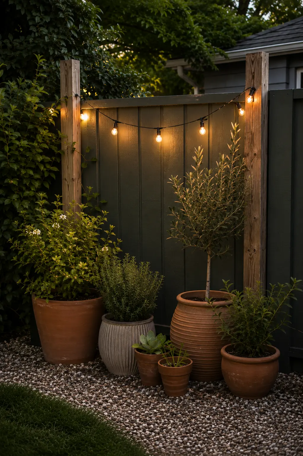 backyard string lights planters decor