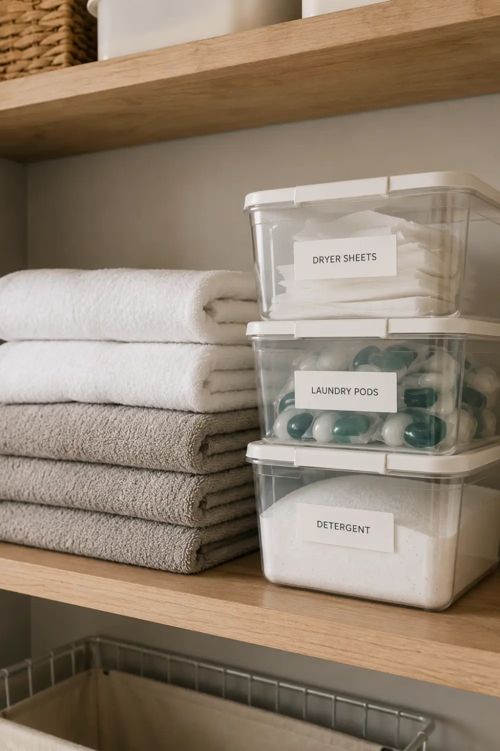 Laundry room organization budget labeled bins