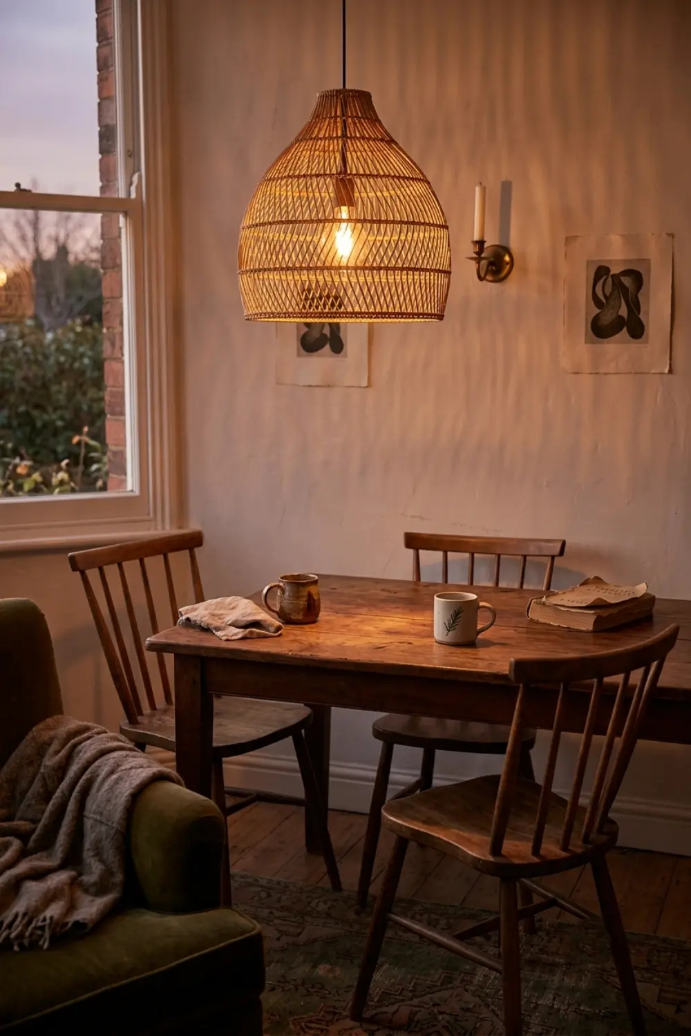 warm rattan pendant light dining nook