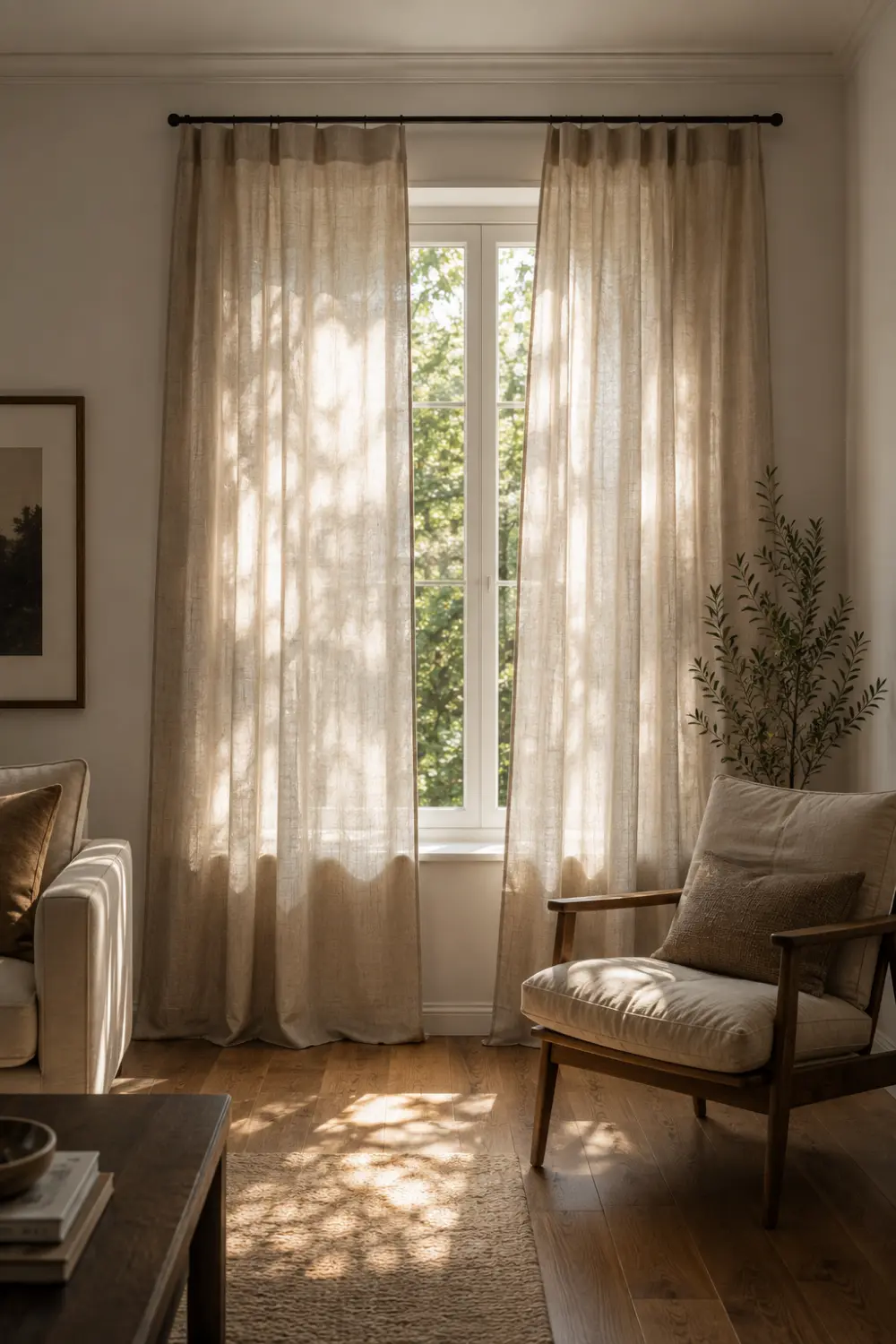 linen curtains hung high living room