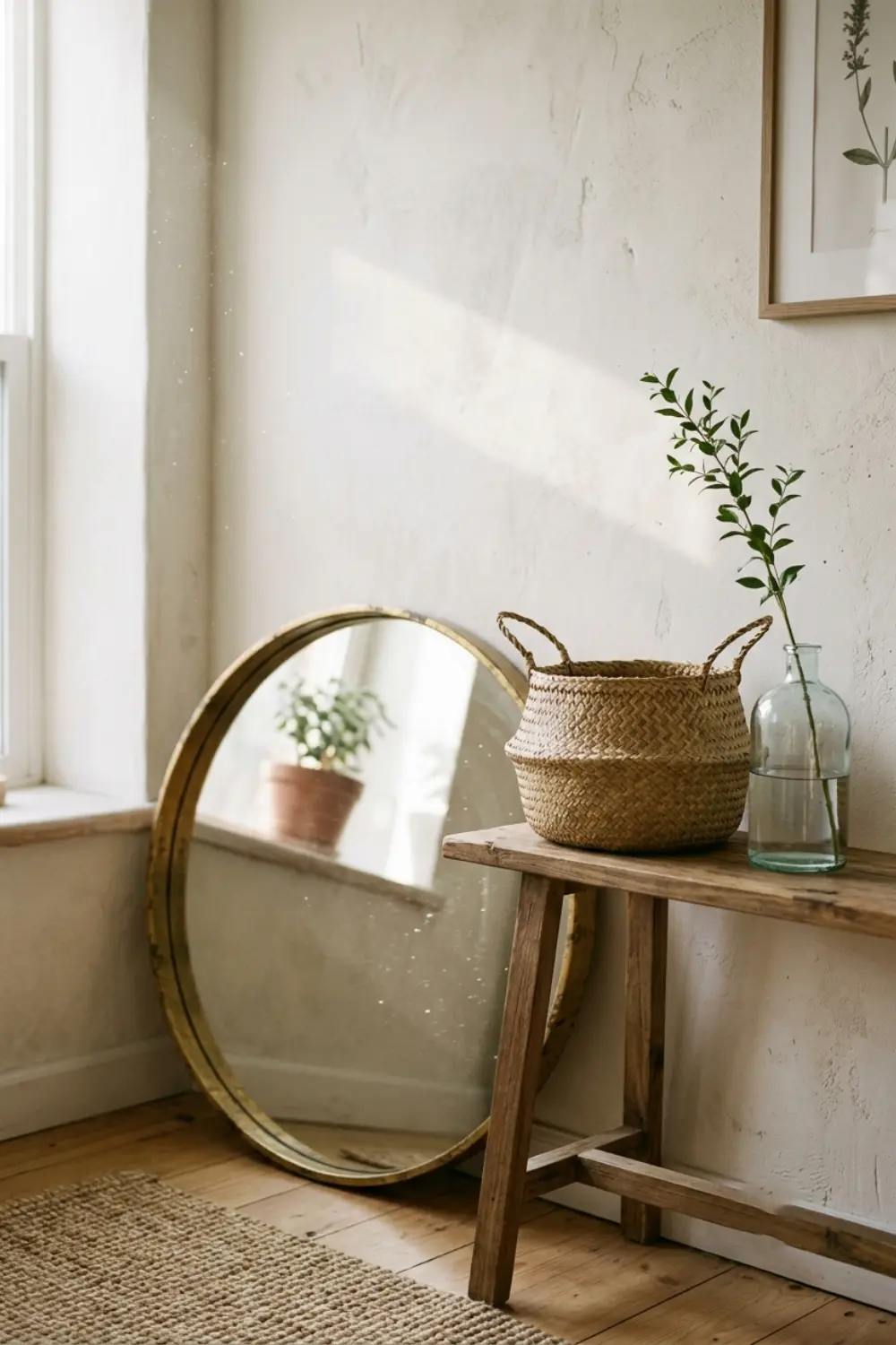 round gold mirror natural light