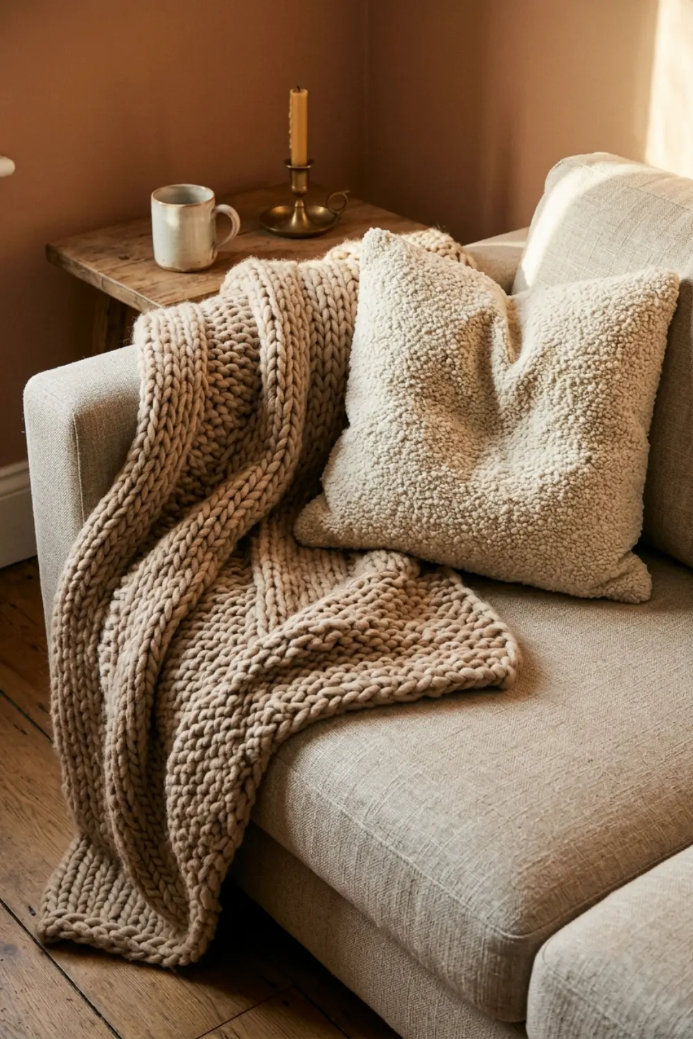 chunky knit throw boucle cushion
