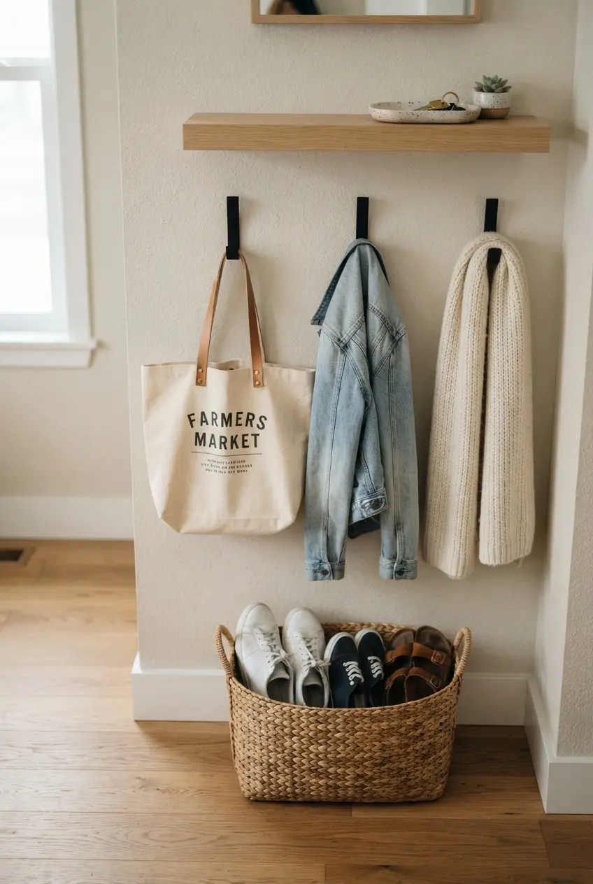 entryway storage hooks basket