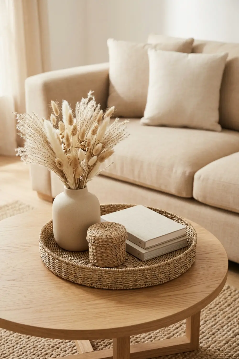 warm neutral coffee table decor