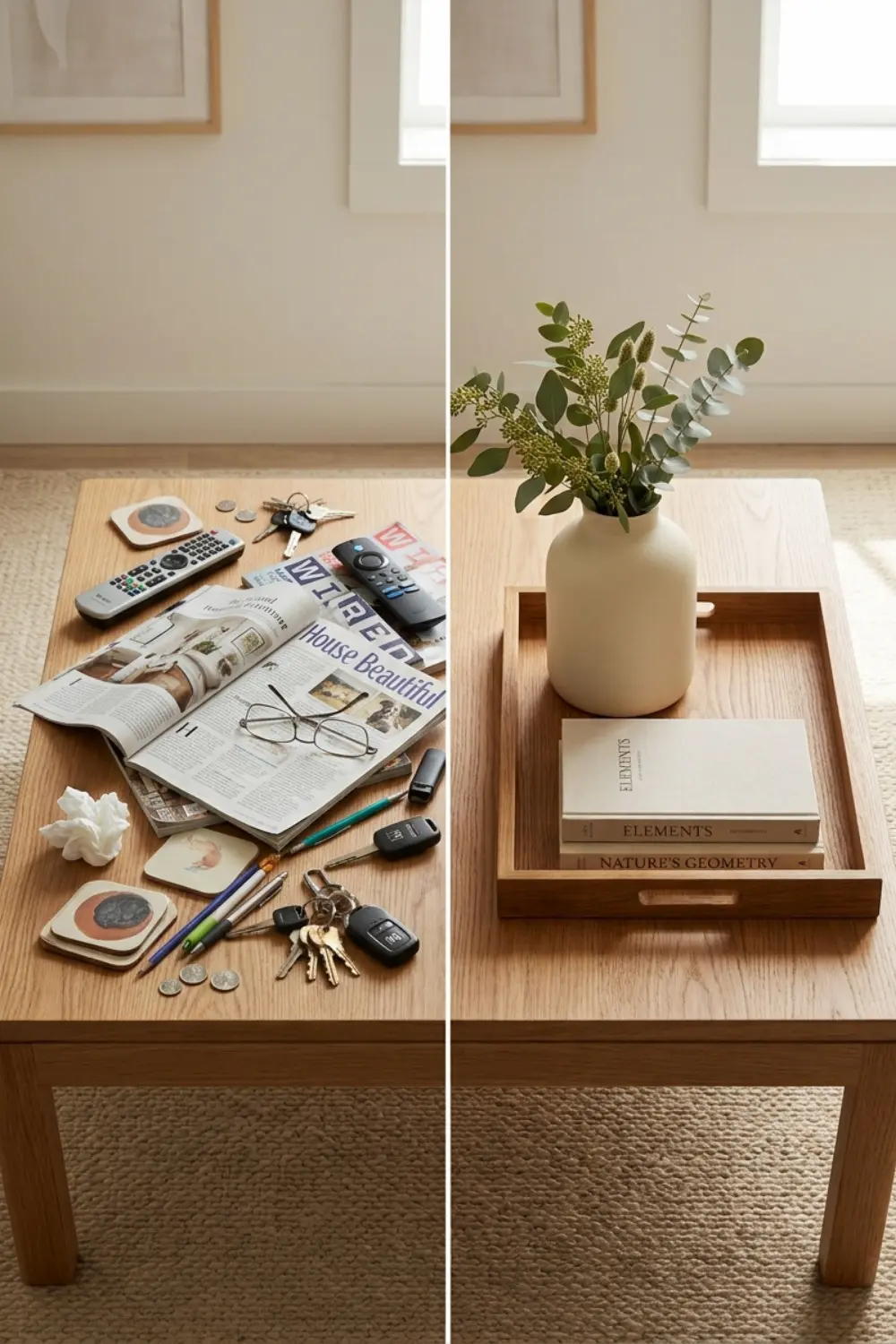 cluttered vs styled coffee table