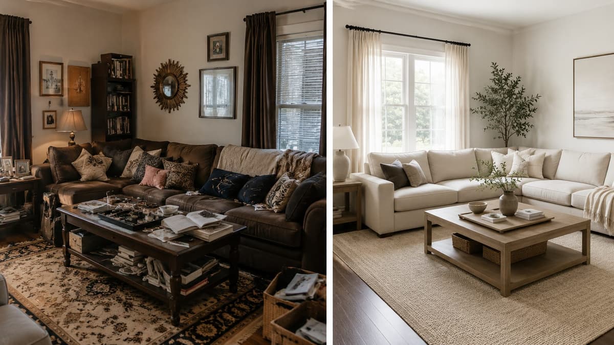 Cluttered vs minimalist living room comparison showing messy decor, poor lighting, and overcrowded styling contrasted with a clean, modern neutral space featuring organized furniture, soft natural light, and a minimalist aesthetic.