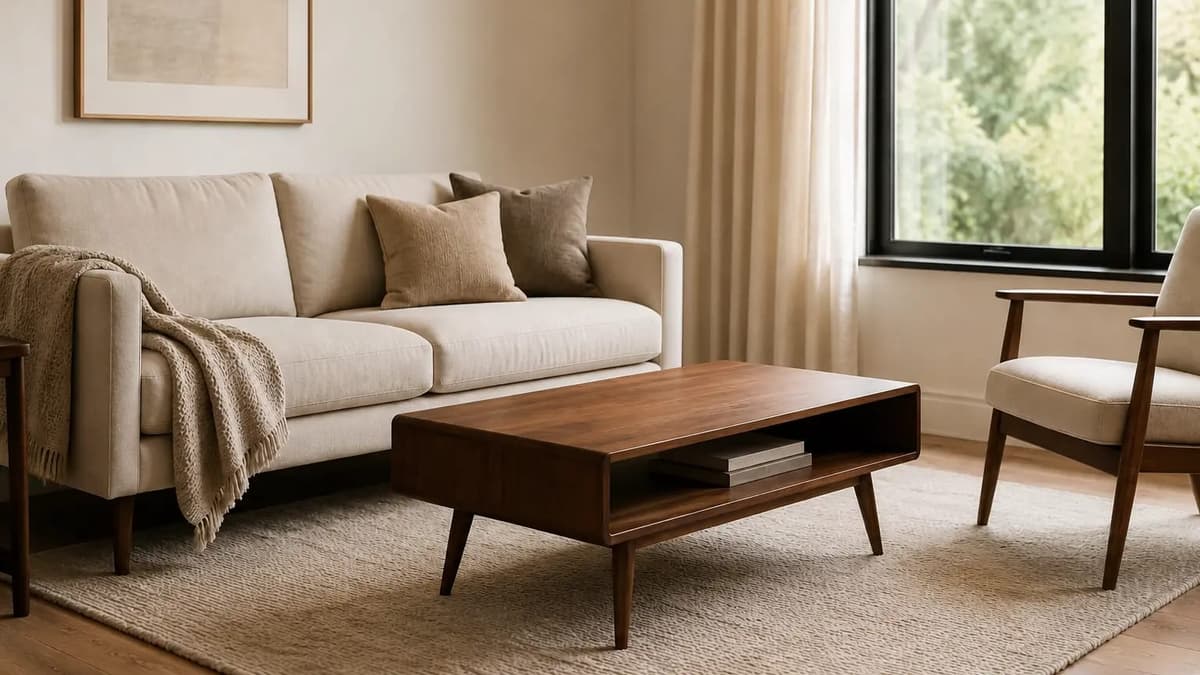 Bright transitional living room blending neutral tones and warm wood furniture
