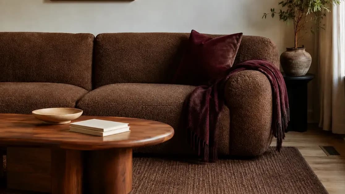 burgundy brown living room styling