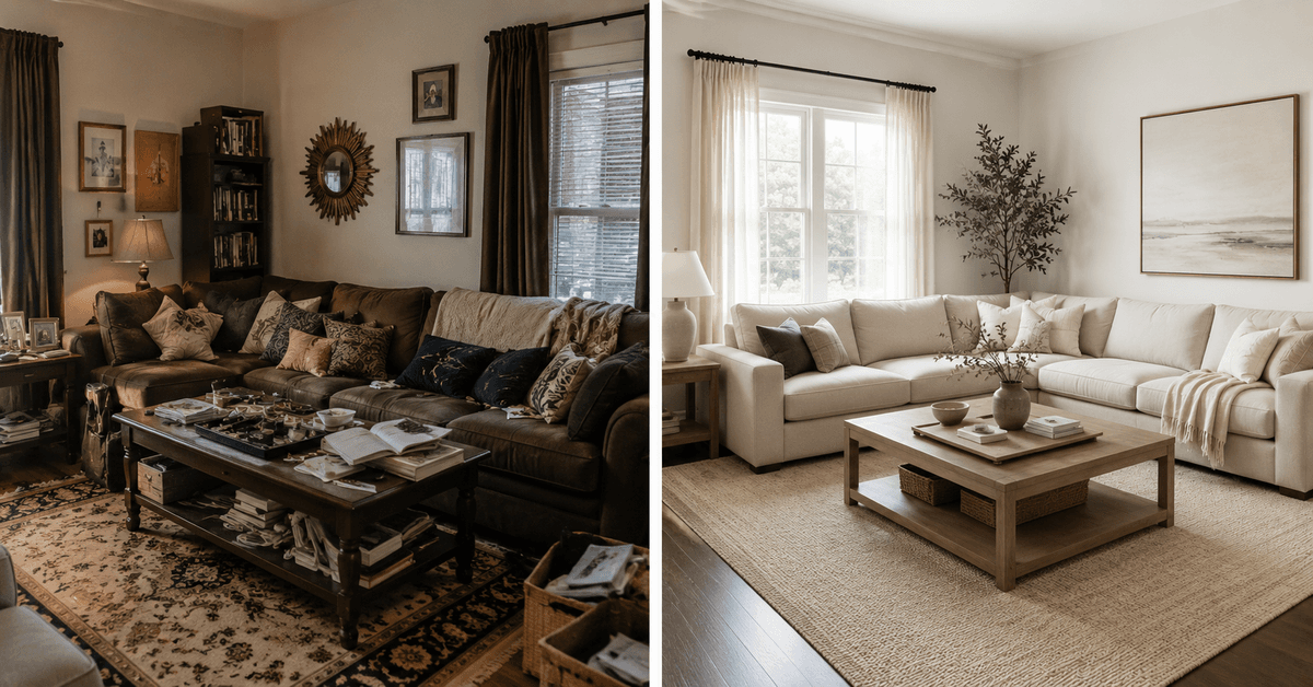 Cluttered vs minimalist living room comparison showing messy decor, poor lighting, and overcrowded styling contrasted with a clean, modern neutral space featuring organized furniture, soft natural light, and a minimalist aesthetic.